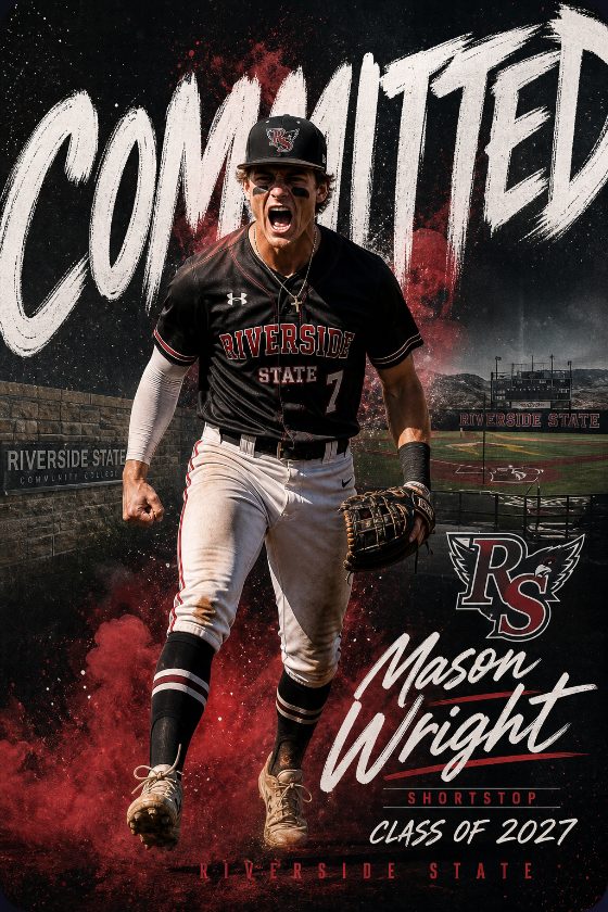 Baseball commitment graphic — infielder fielding a ground ball, circular COMMITTED badge, made with CommitGraphics