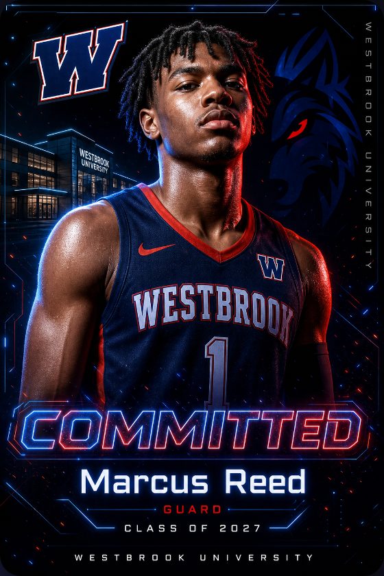 Basketball commitment graphic — guard driving to the rim under blue arena light, made with CommitGraphics
